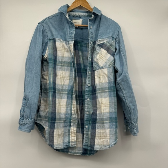 AE Mixed Denim Plaid Flannel Boyfriend Button Down Collar Shirt Women’s XS - Picture 4 of 11